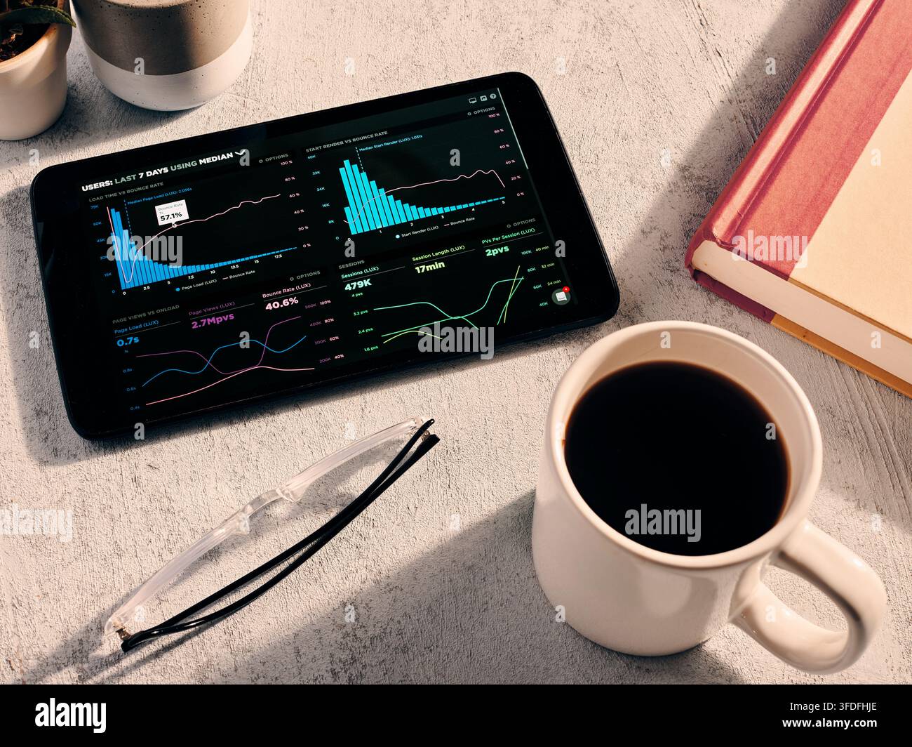 Data Analytics Dashboard on Tablet with Coffee and Workspace Stock Photo