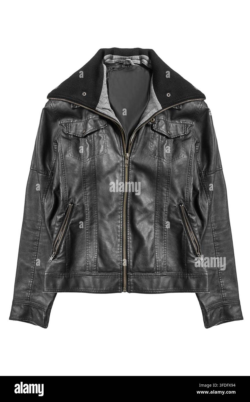 Black leather zipped jacket isolated on white background Stock Photo
