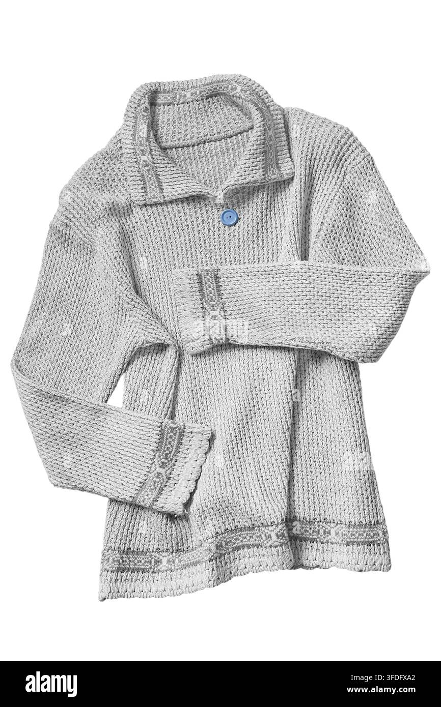 Grey knit oversize pullover with one blue button isolated on white background Stock Photo