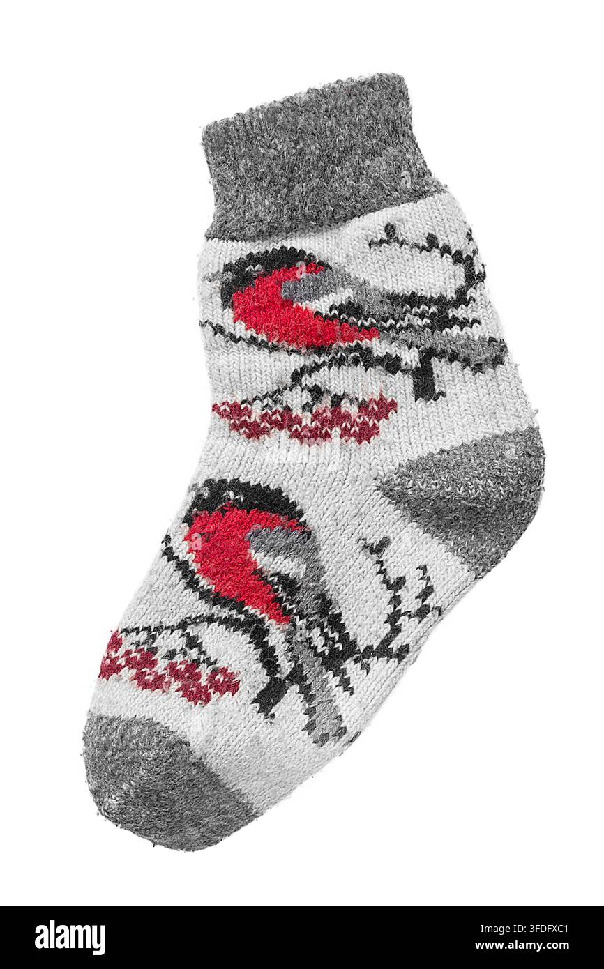 One wool handmade knitted sock isolated on white background Stock Photo