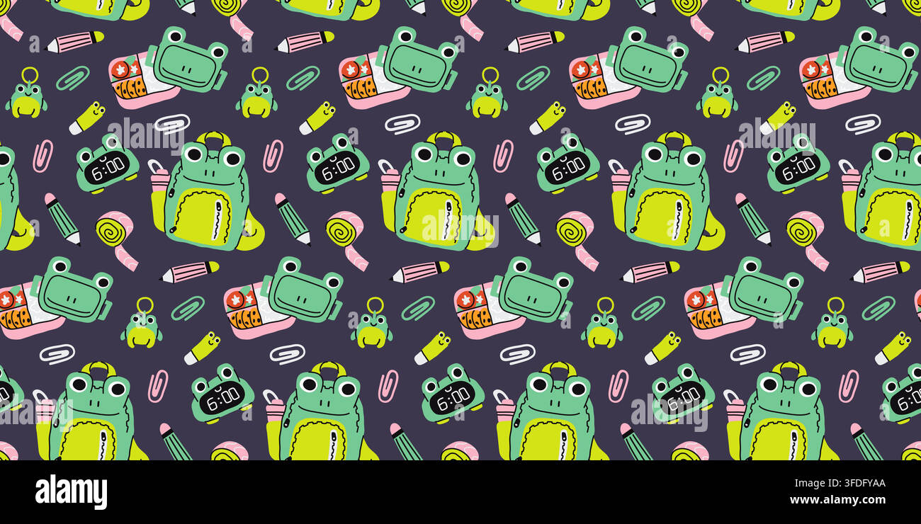 Cute frog school backpack and lunchbox doodle pattern for textile printing Stock Vector
