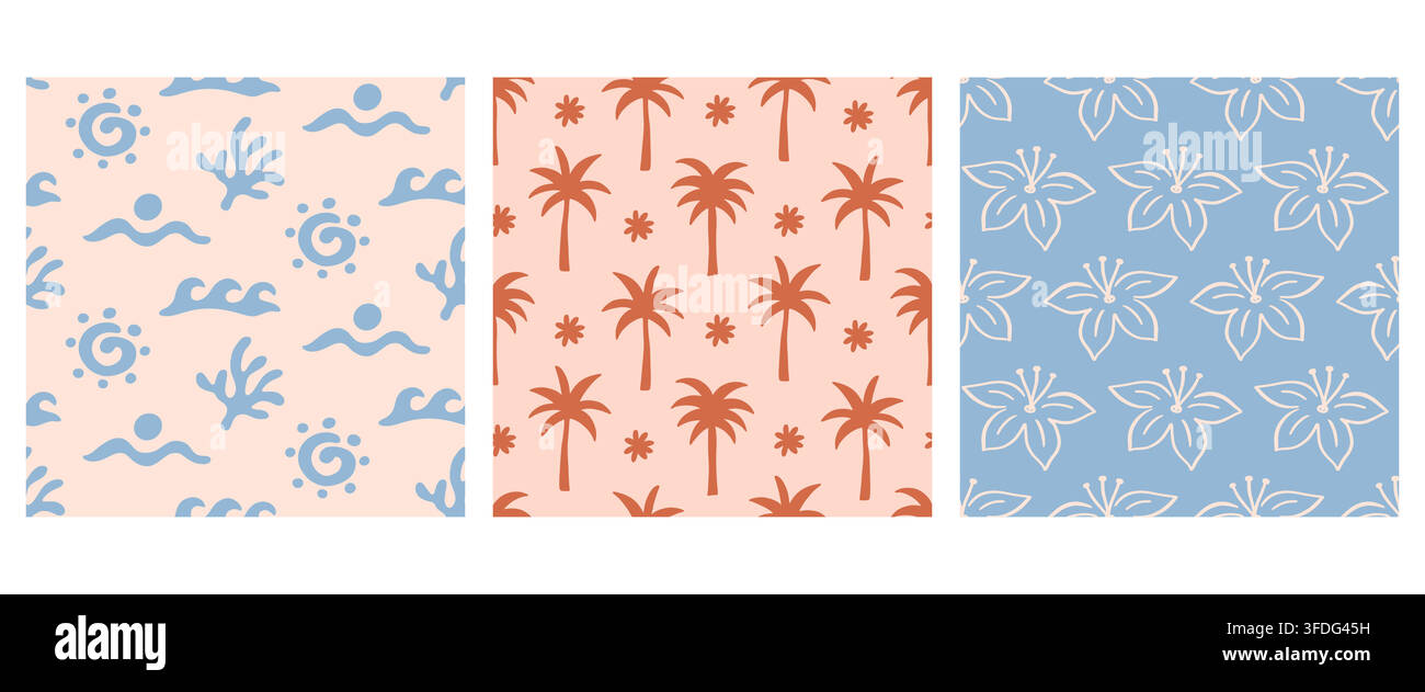 Boho beach waves, palm trees seamless pattern set Stock Vector