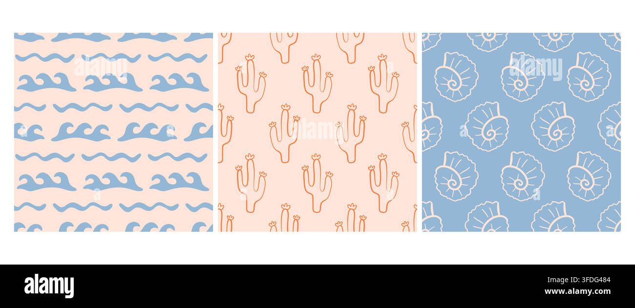 Boho coastal pattern set with waves, cactus, shell Stock Vector