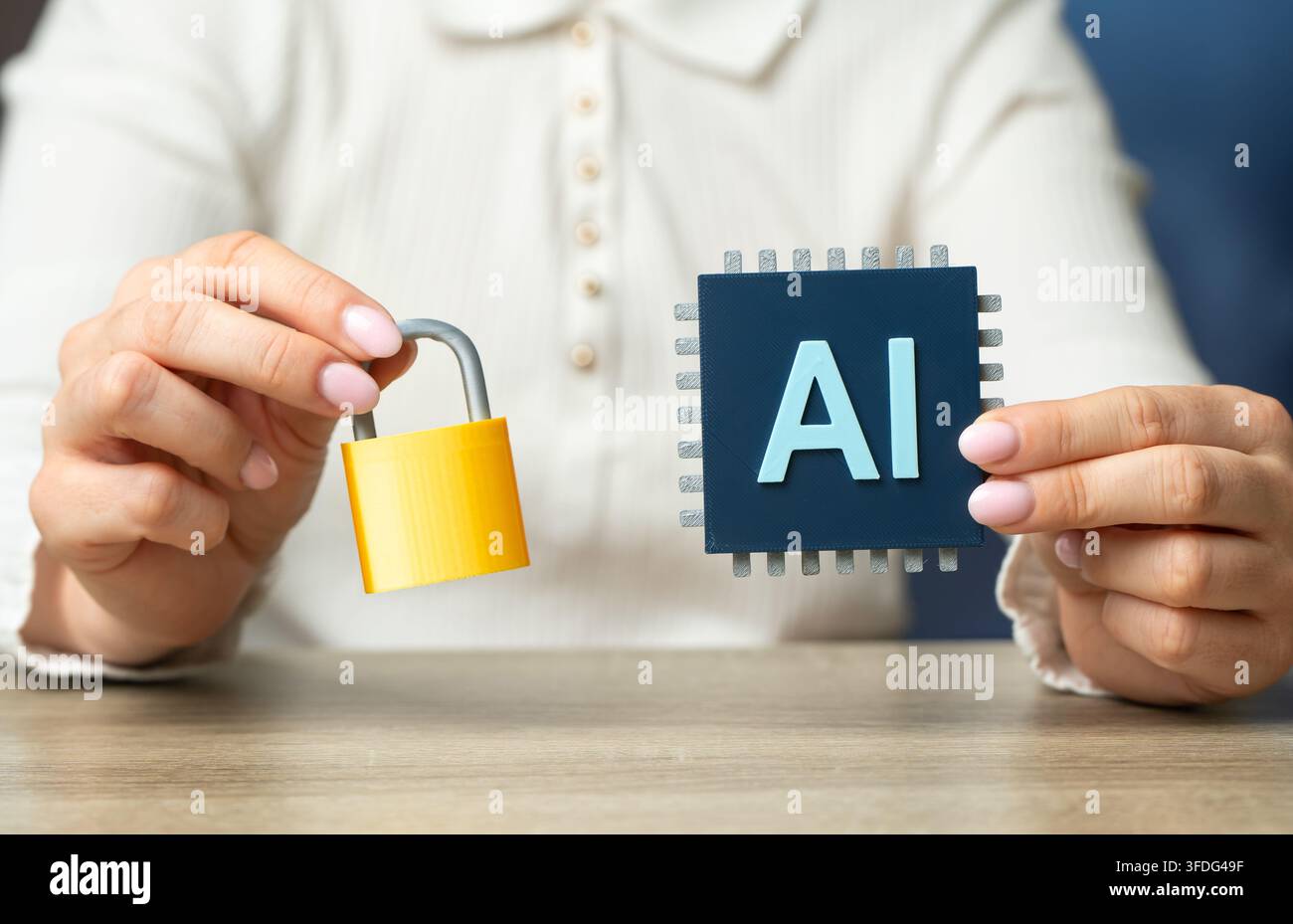 AI chip and padlock icon. Security and protection concept. Data encryption, cybersecurity and secure artificial intelligence systems protect digital i Stock Photo
