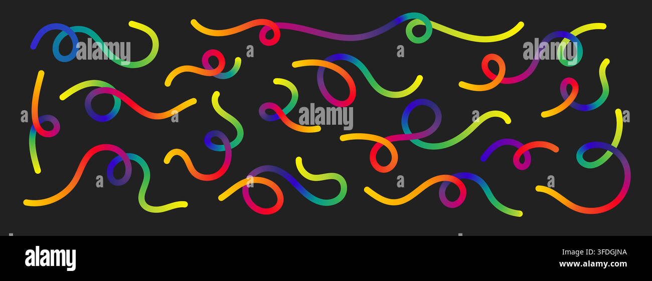 Wavy squiggle rainbow gradient color line create dynamic abstract curve vector illustration set. Stock Vector
