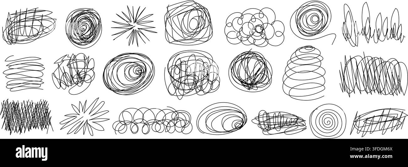 Messy pen doodles and scribbles create chaotic hand-drawn lines vector illustration set. Stock Vector