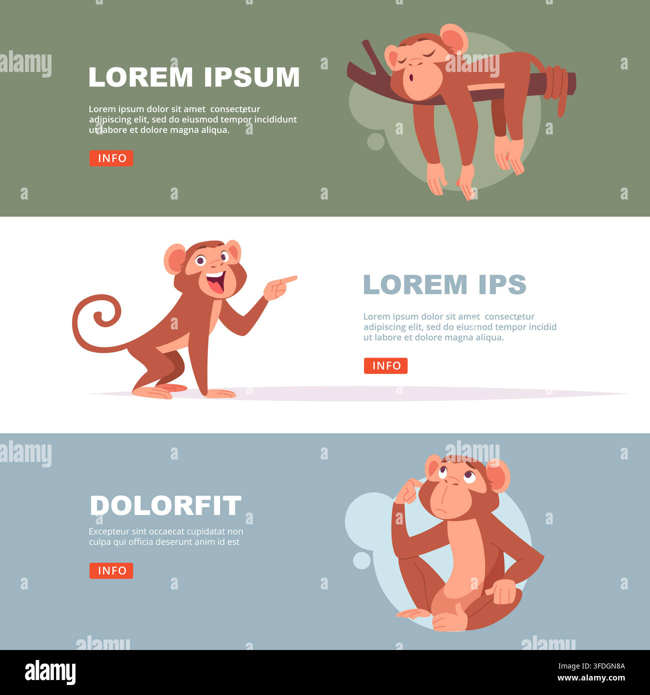 Cartoon monkey sleeping, talking and thinking web banner set Stock Vector