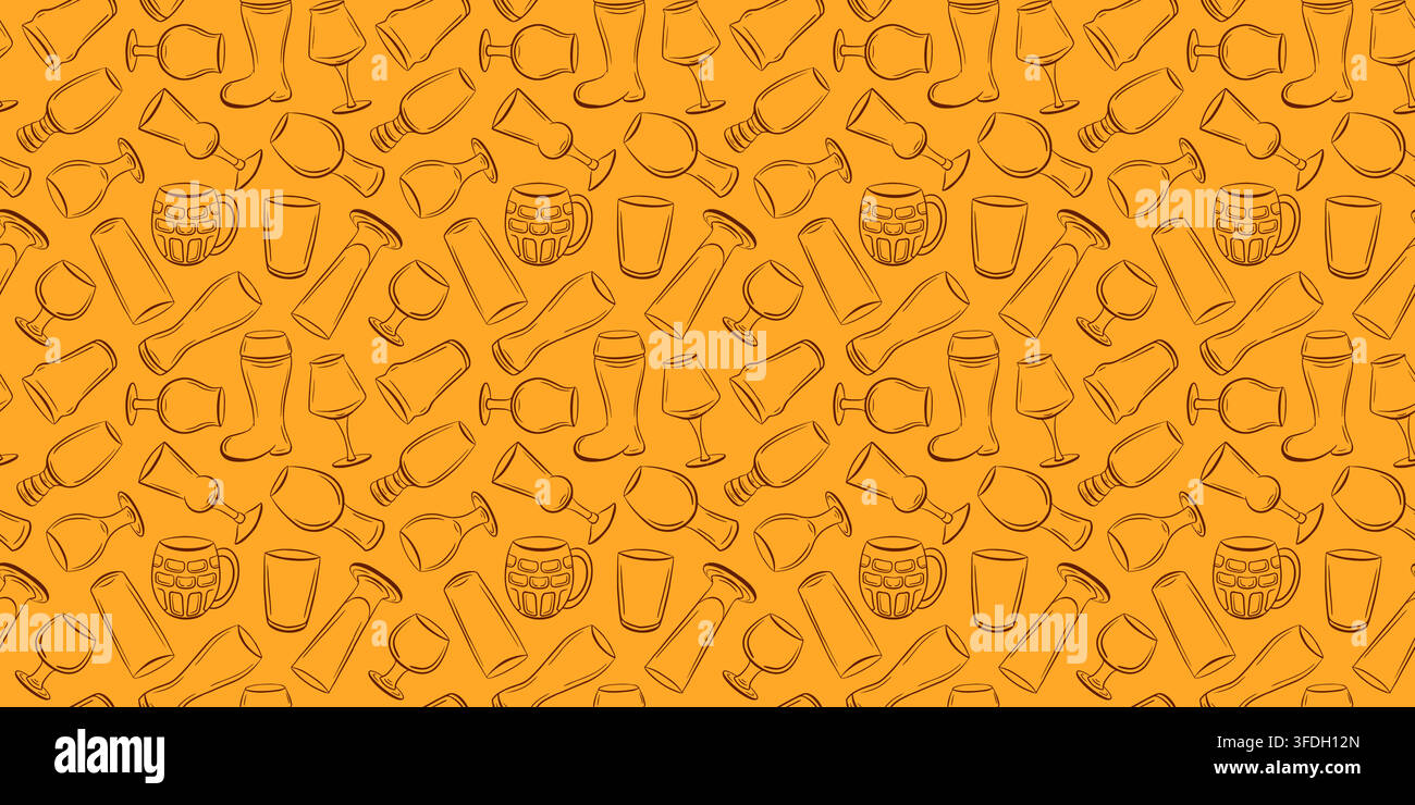 Seamless beer glass and beverage pattern in orange line art style. Repeating pub and celebration background texture. Vector illustration for textile Stock Vector