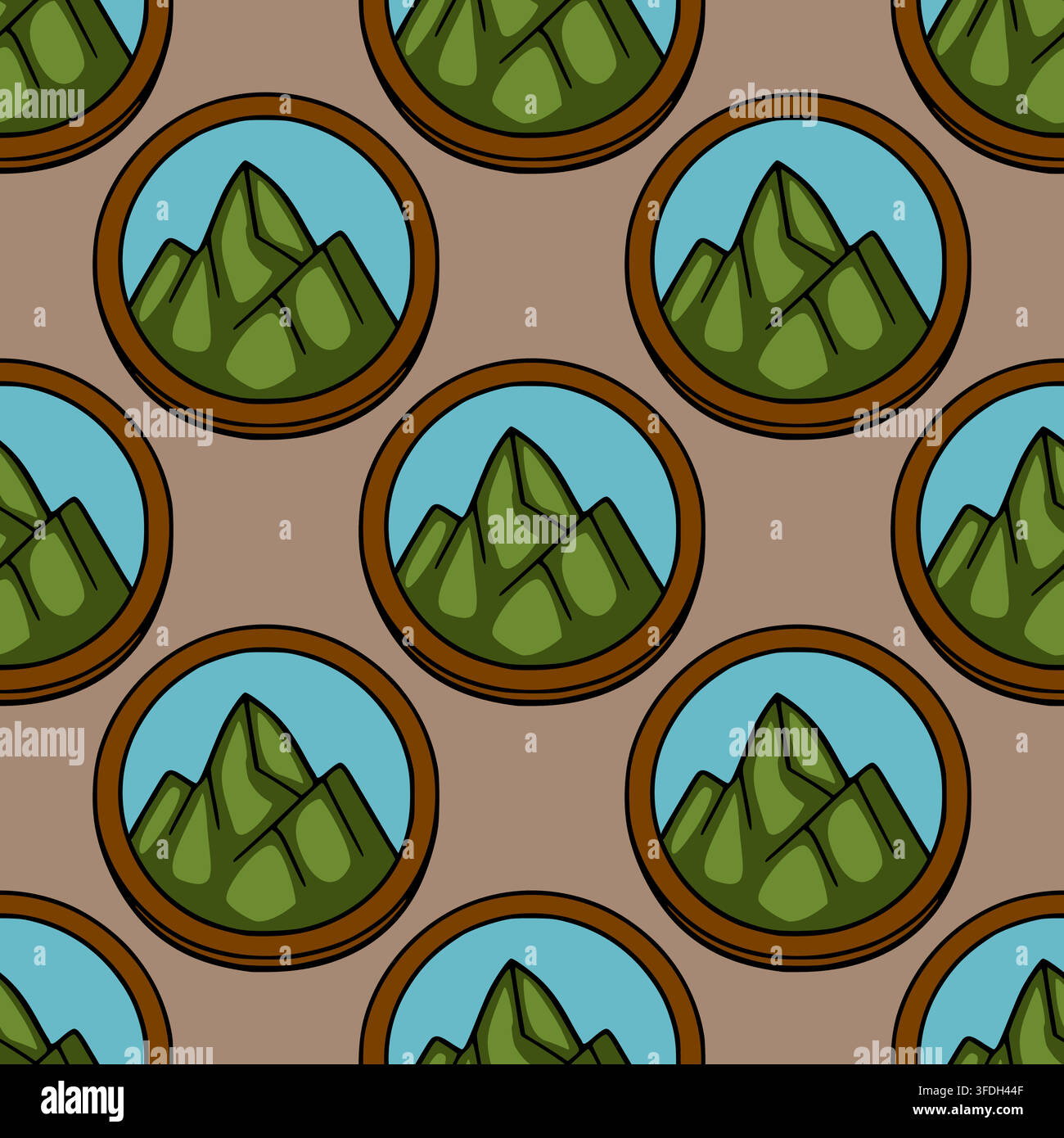 Seamless vector pattern featuring cartoon mountain range badges in circular frames on a brown background Stock Vector