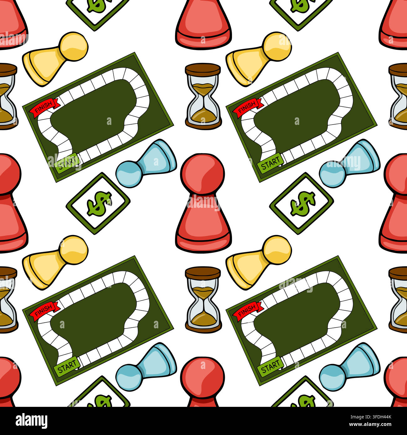 Seamless vector pattern with board game elements, dice, money and hourglasses Stock Vector