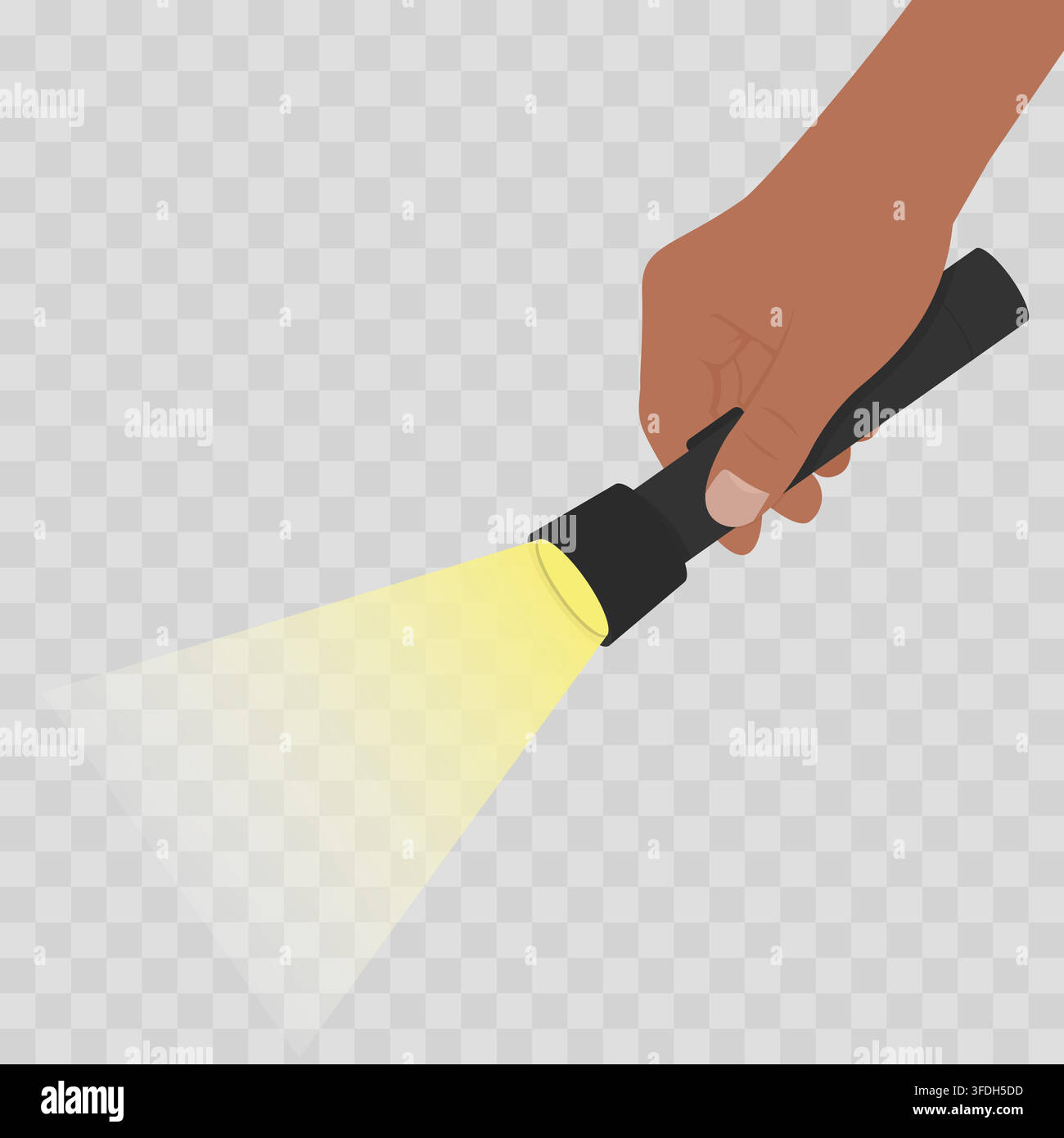 Dark-Skinned Hand Holding Flashlight with Beam on Checkered Background Stock Vector
