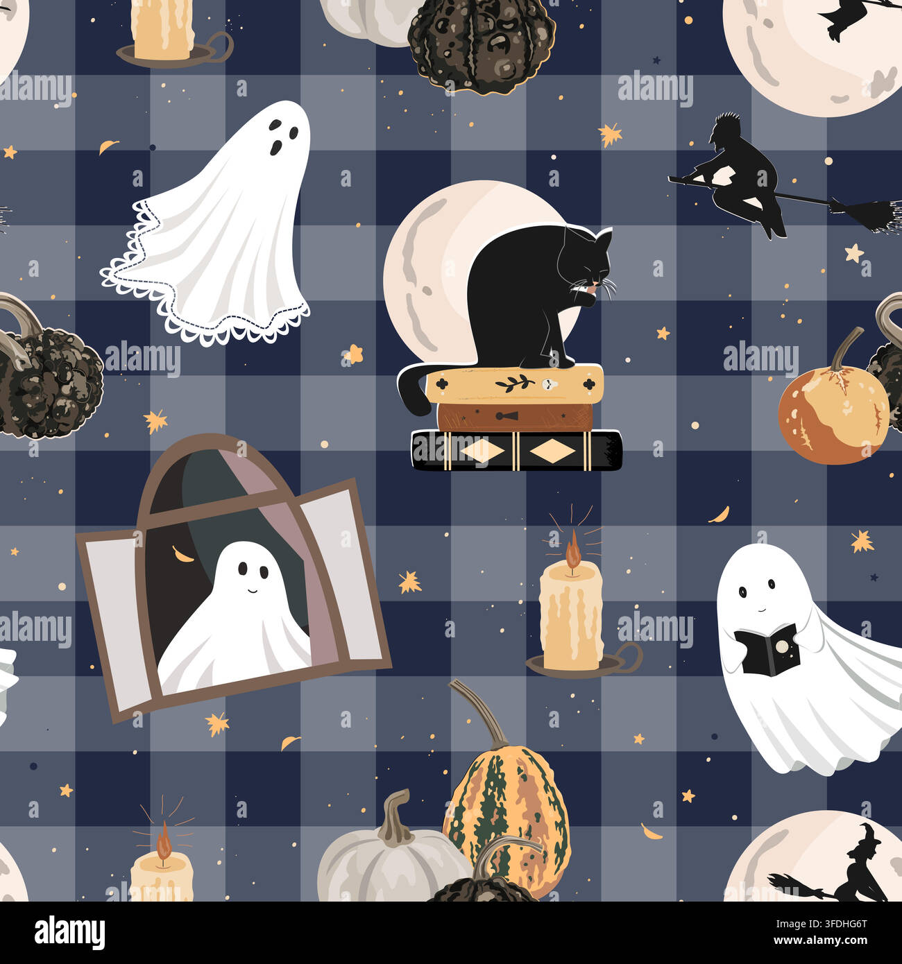 Halloween vector seamless pattern on gingham. Cute ghosts, autumn pumpkins, flying witches, black cat, and candles. Whimsical spooky night vector Stock Vector