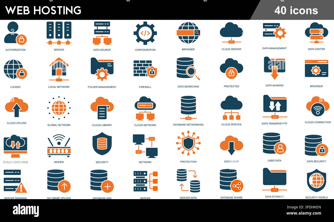 Vector illustration set of 40 web hosting icons featuring cloud server, database storage, network security, data center, and ftp transfer. Stock Vector