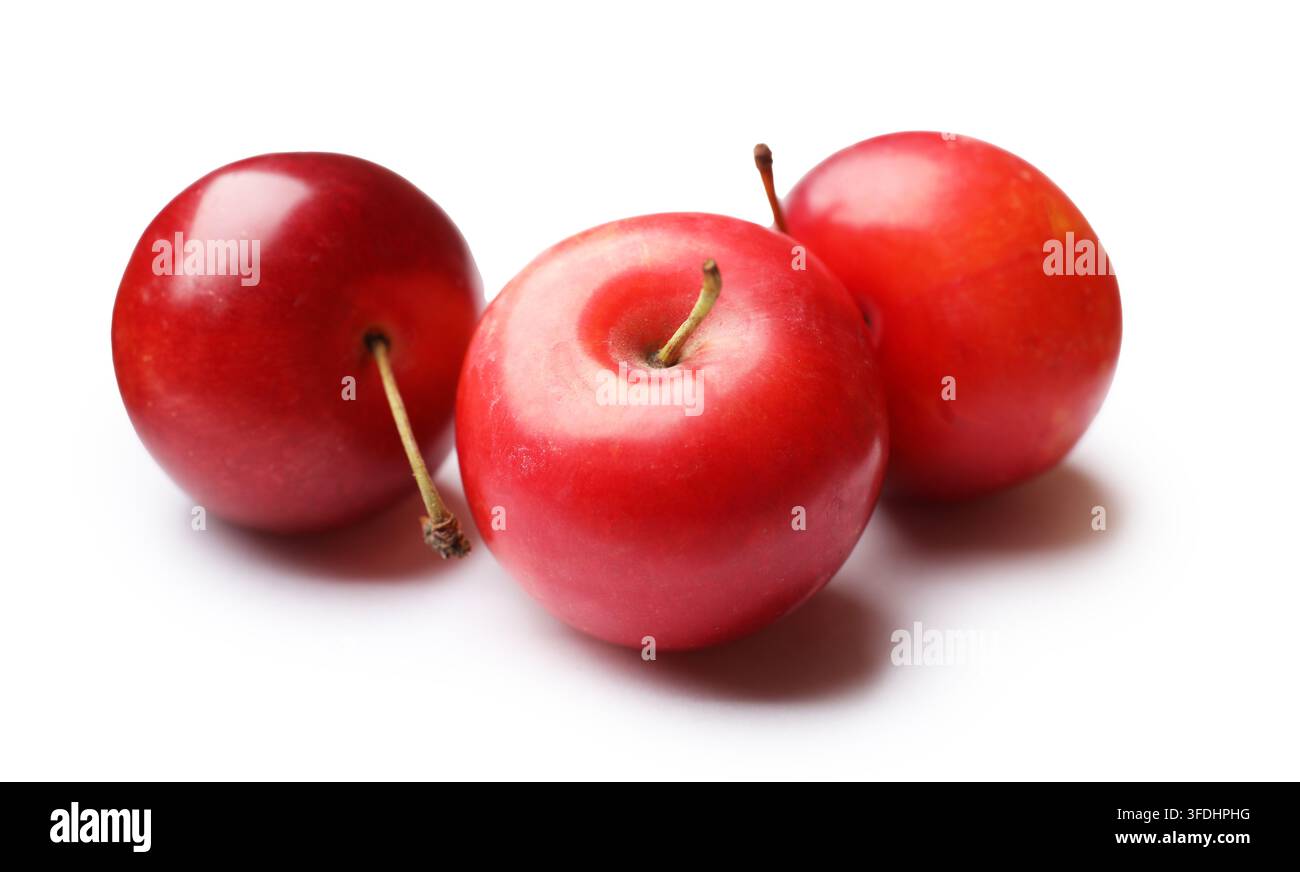 Three ripe cherry plums isolated on white Stock Photo