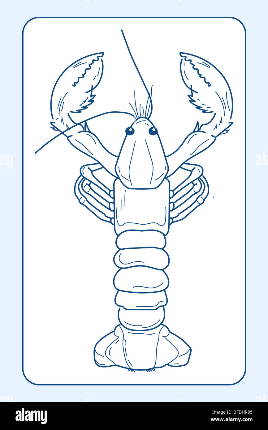 Lobster line art clipart with large claws, antennae and segmented tail for seafood menus. Stock Vector