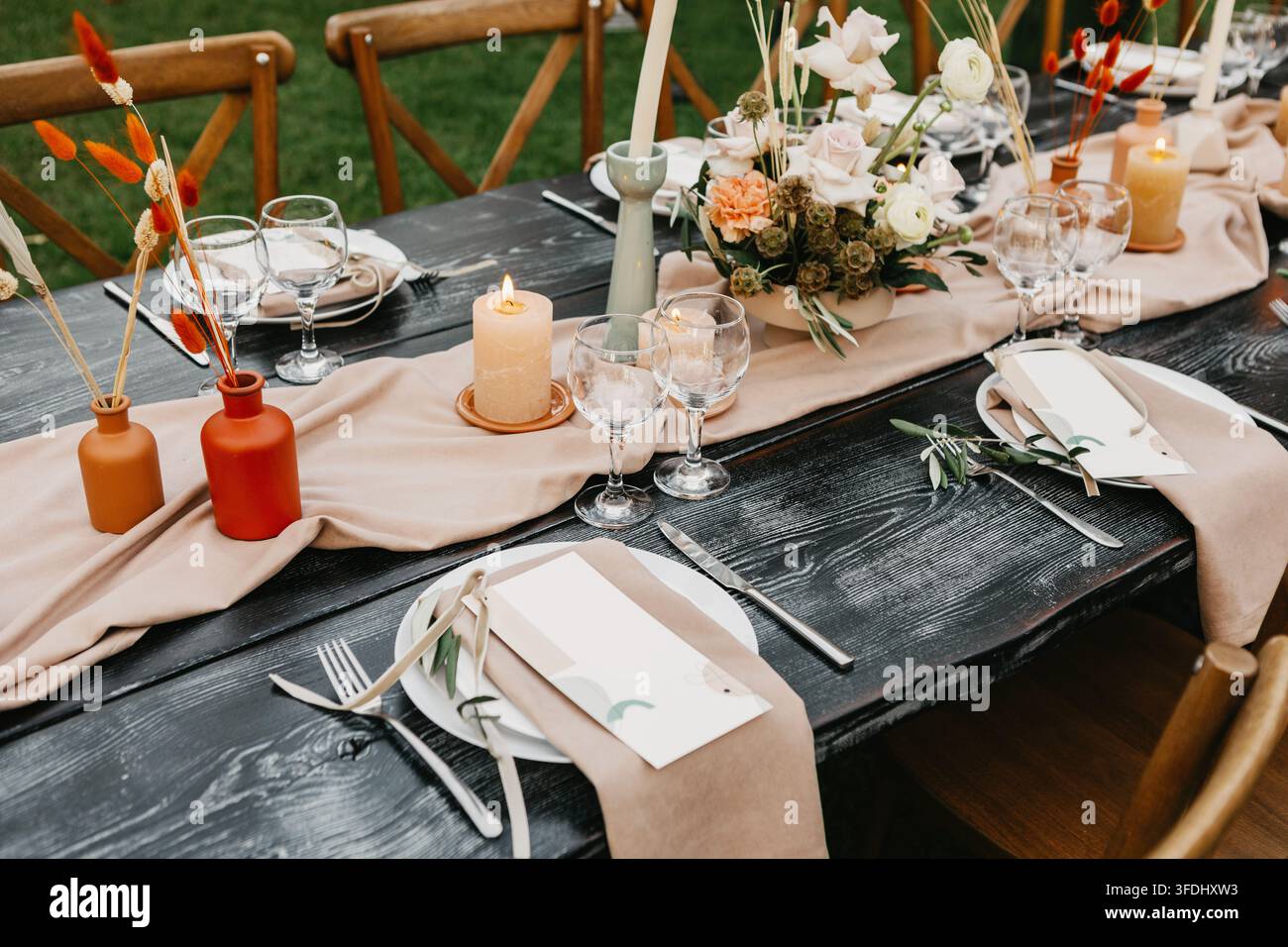 Rustic style wedding desk, decoration and setting Stock Photo