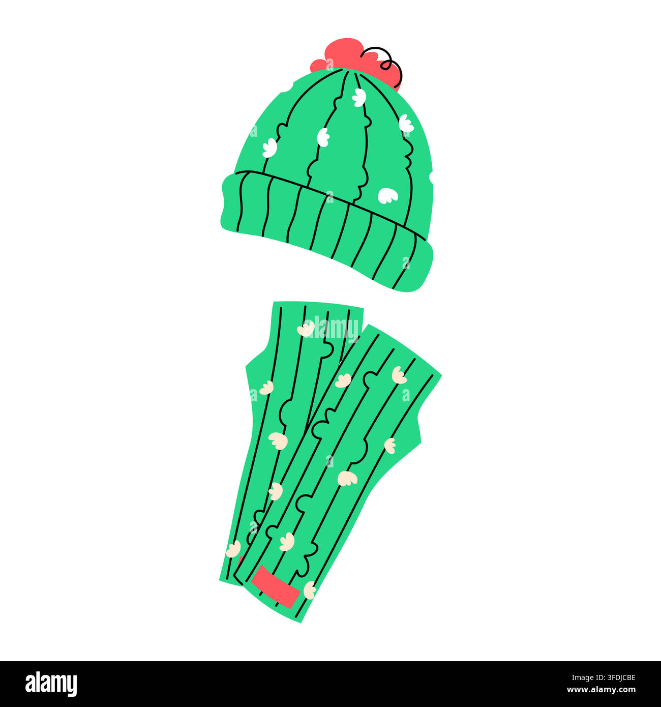 Green Cactus Beanie Hat and Long Gloves Vector Stock Vector