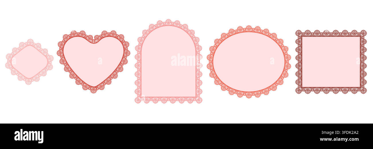 Rose floral crochet borders wrap blush diamond, heart, arch, horizontal oval plus square frames on clean ground as vintage trim set for wedding invita Stock Vector
