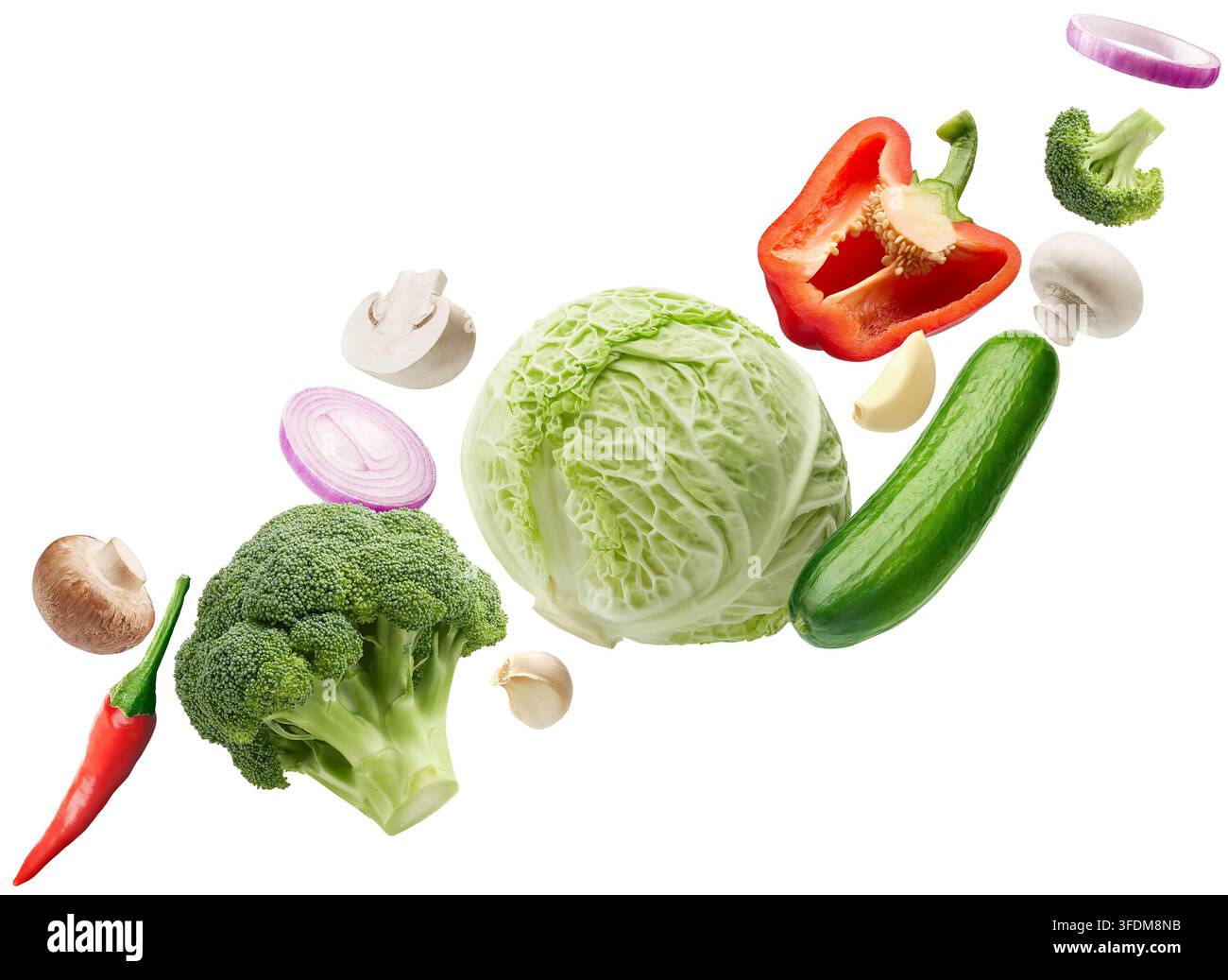 Flying vegetables isolated on white background Stock Photo