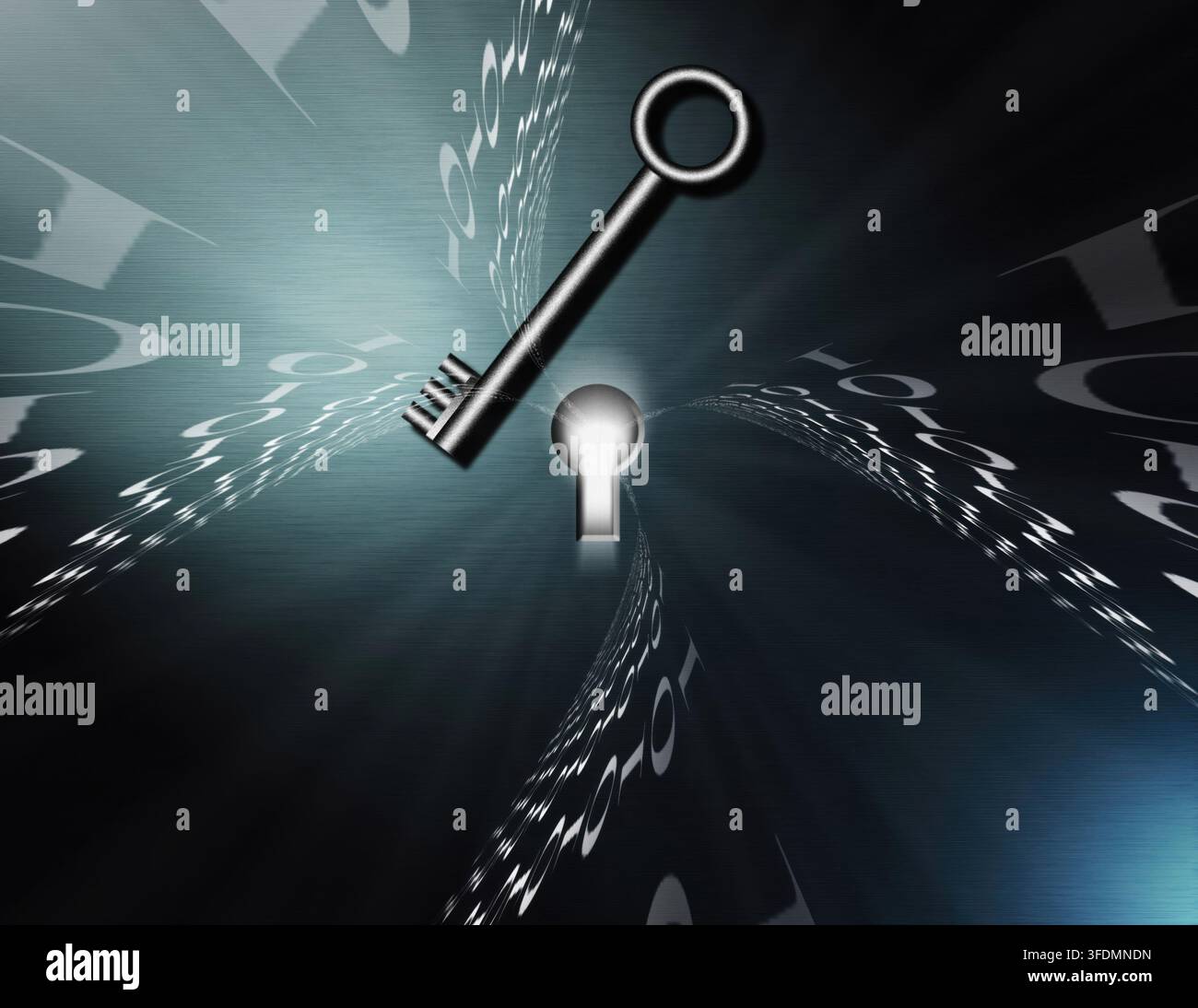 A conceptual digital artwork depicting a metallic key approaching a glowing keyhole surrounded by flowing binary code, symbolizing security, access, a Stock Photo