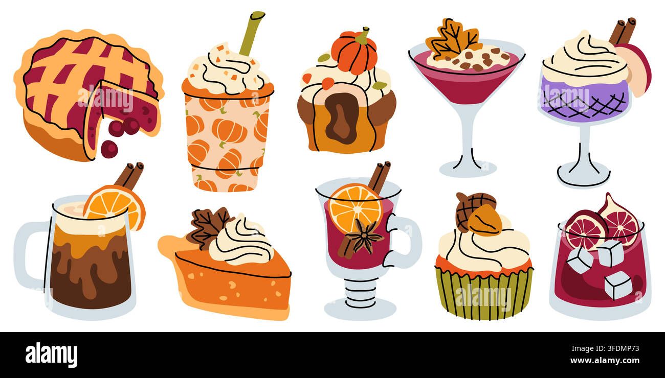 Cozy autumn warm drinks and pastries doodle vector menu set Stock Vector
