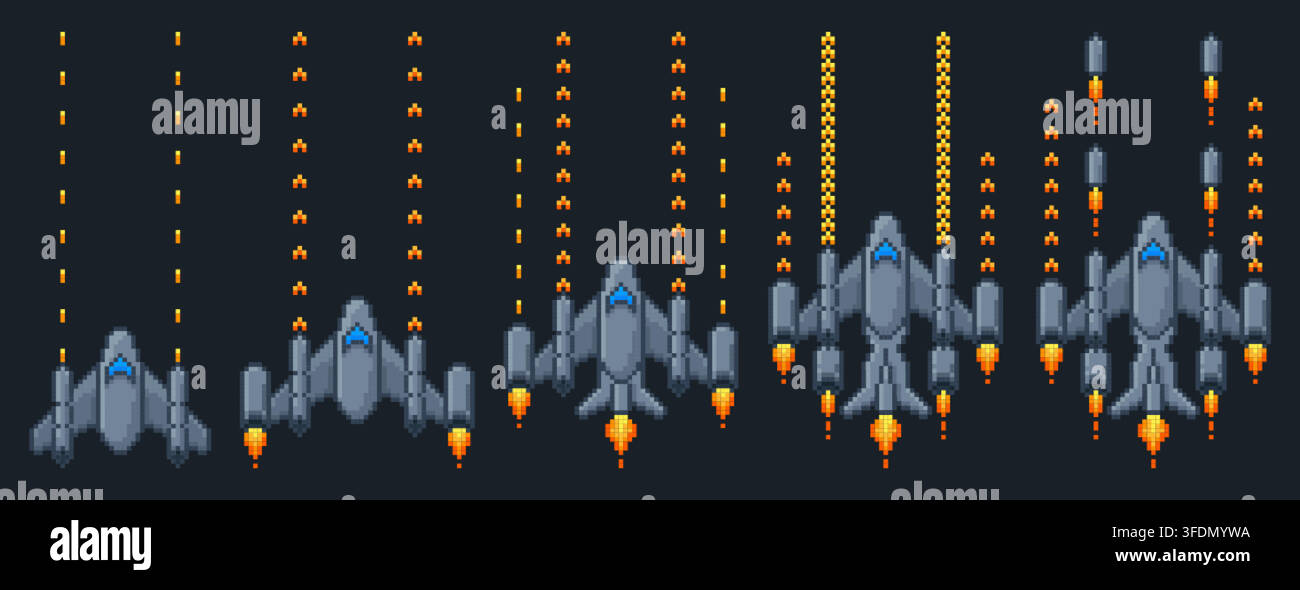 Pixel art space video game arcade elements. Pixelated vintage computer gaming spaceships with laser, spacecraft battle in galaxy, mobile games ui design icons in 8bit retro style on black background Stock Vector