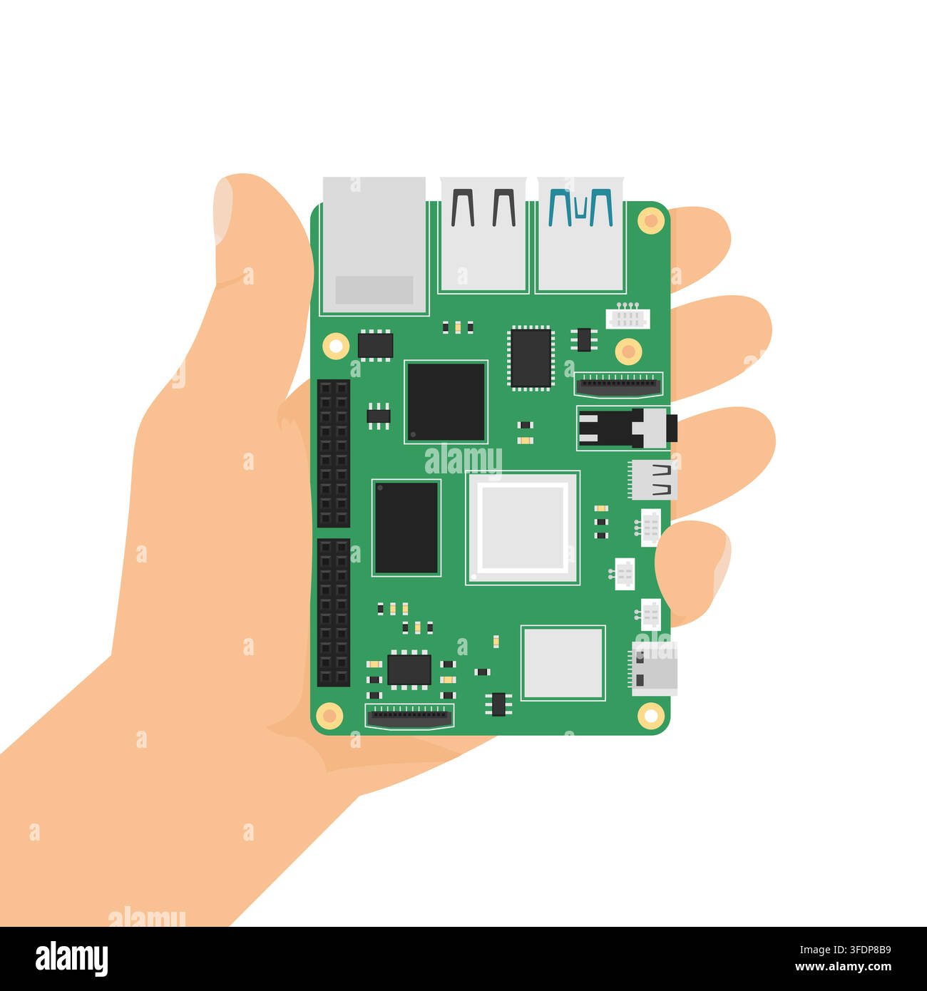 Hand holding generic green single-board computer (SBC) circuit board, flat vector illustration Stock Vector