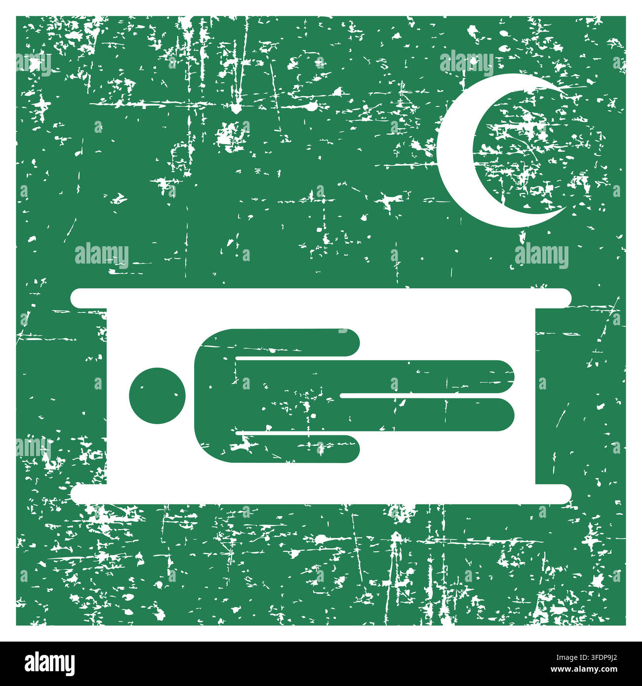 Stretcher crescent variant , ISO 7010 E013-CR Safe Condition Evacuation Sign, Distressed Grunge Texture, Weathered Worn Safety Pictogram, Green Evacua Stock Vector