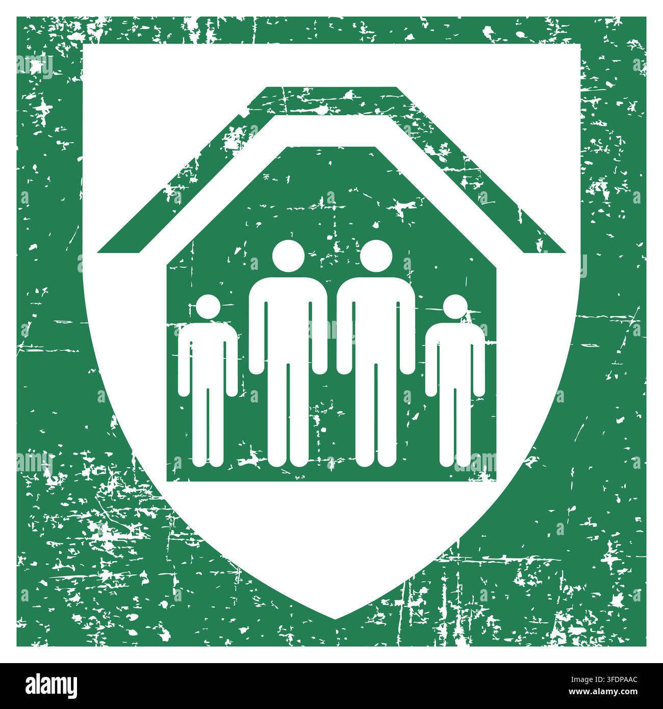 Protection shelter, ISO 7010 E021 Safe Condition Evacuation Sign, Distressed Grunge Texture, Weathered Worn Safety Pictogram, Green Evacuation Fire Wa Stock Vector