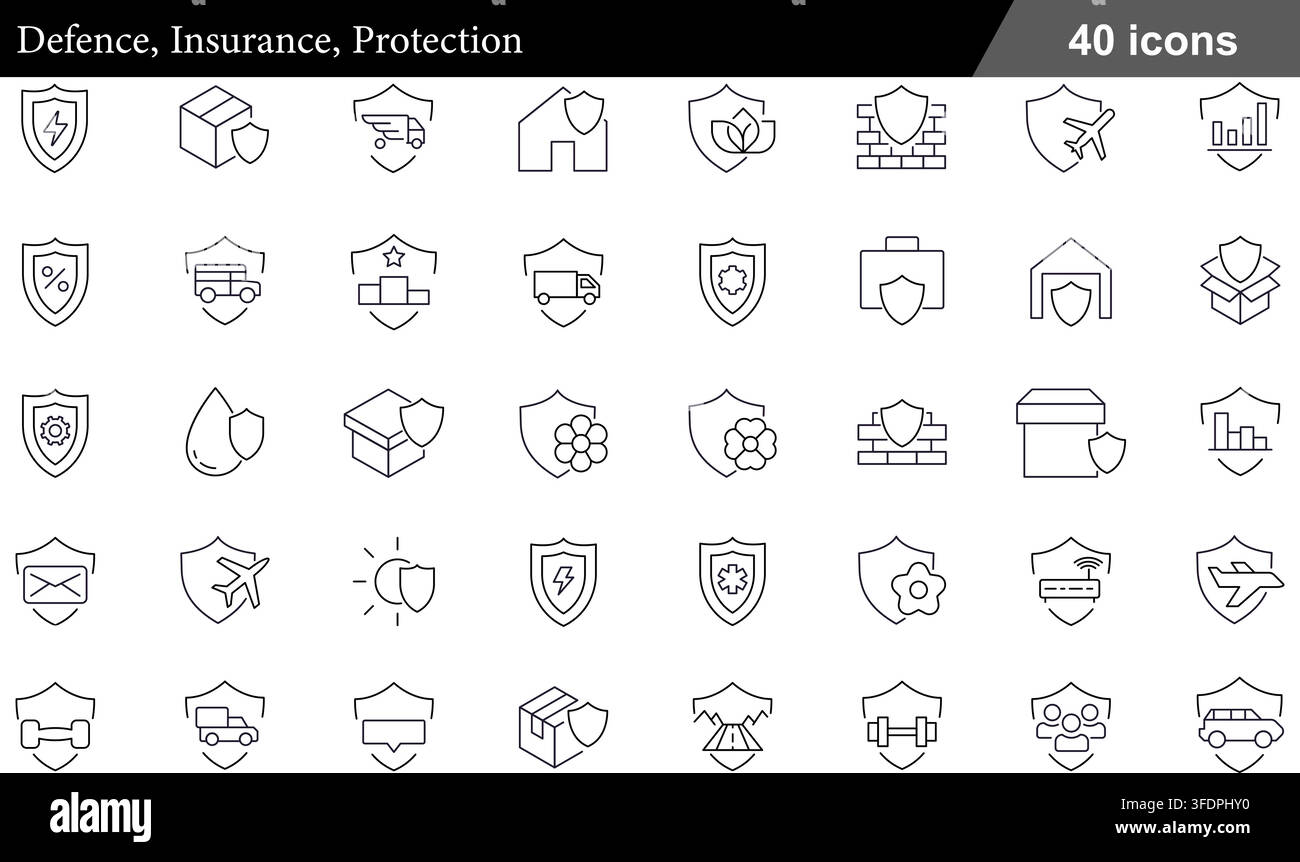 Vector illustration set of 40 defence insurance protection icons featuring shield, home insurance, parcel safety, flight coverage, and data security. Stock Vector