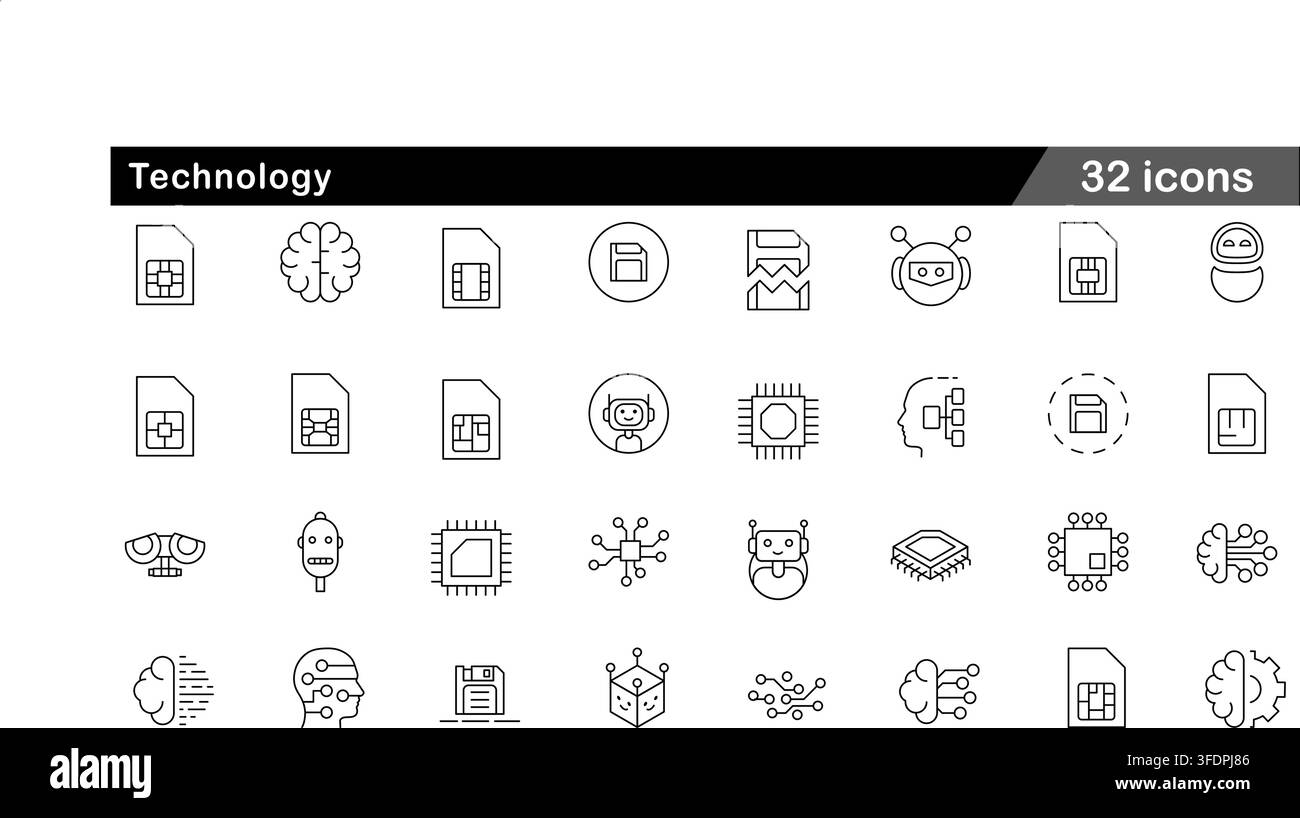 Vector illustration set of 32 technology icons featuring sim card, floppy disk, microchip processor, robot head, and artificial intelligence brain. Stock Vector