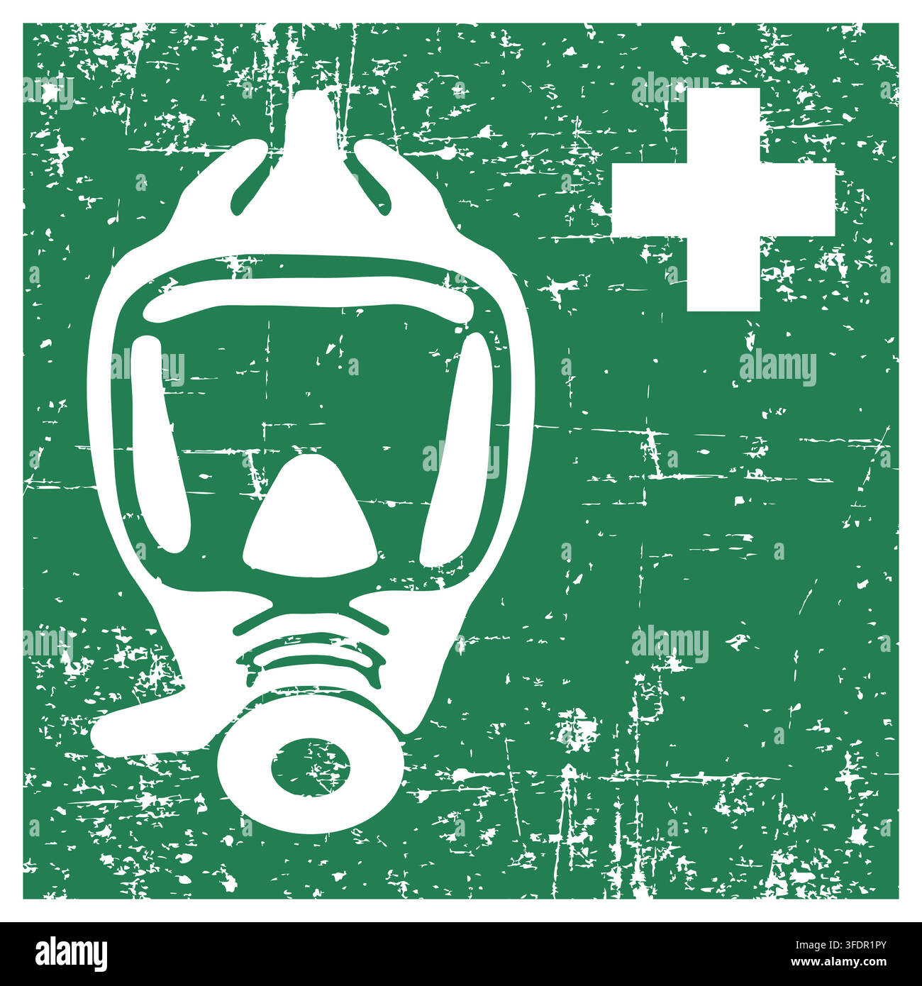Emergency escape breathing device, ISO 7010 E029 Safe Condition Evacuation Sign, Distressed Grunge Texture, Weathered Worn Safety Pictogram, Green Eva Stock Vector