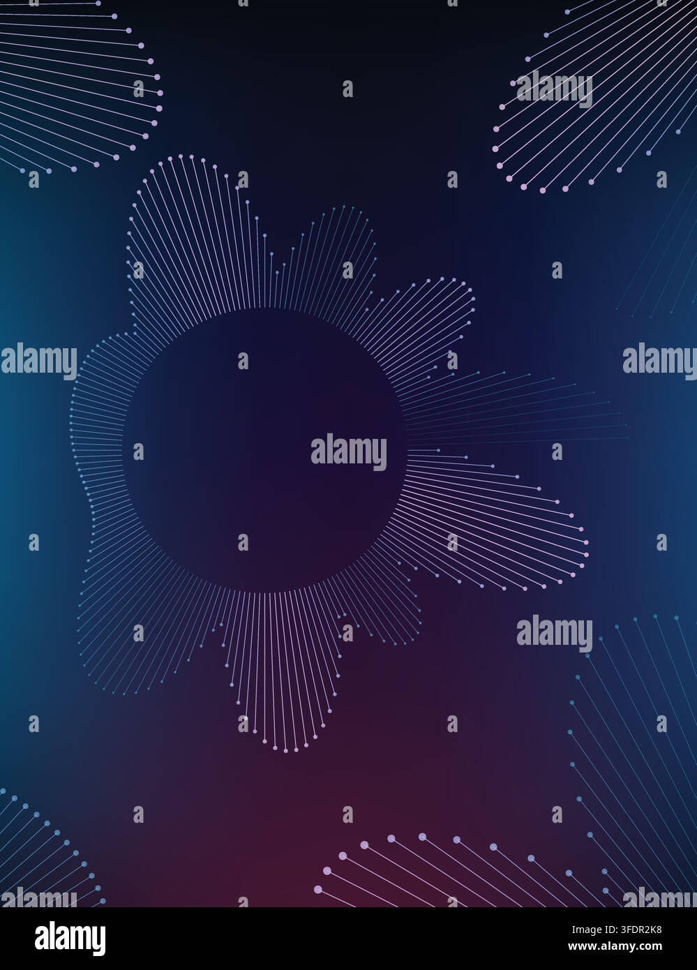 Abstract background featuring a circular sound wave visualization with glowing dots and connecting lines on a dark blue and purple gradient backdrop. Stock Vector