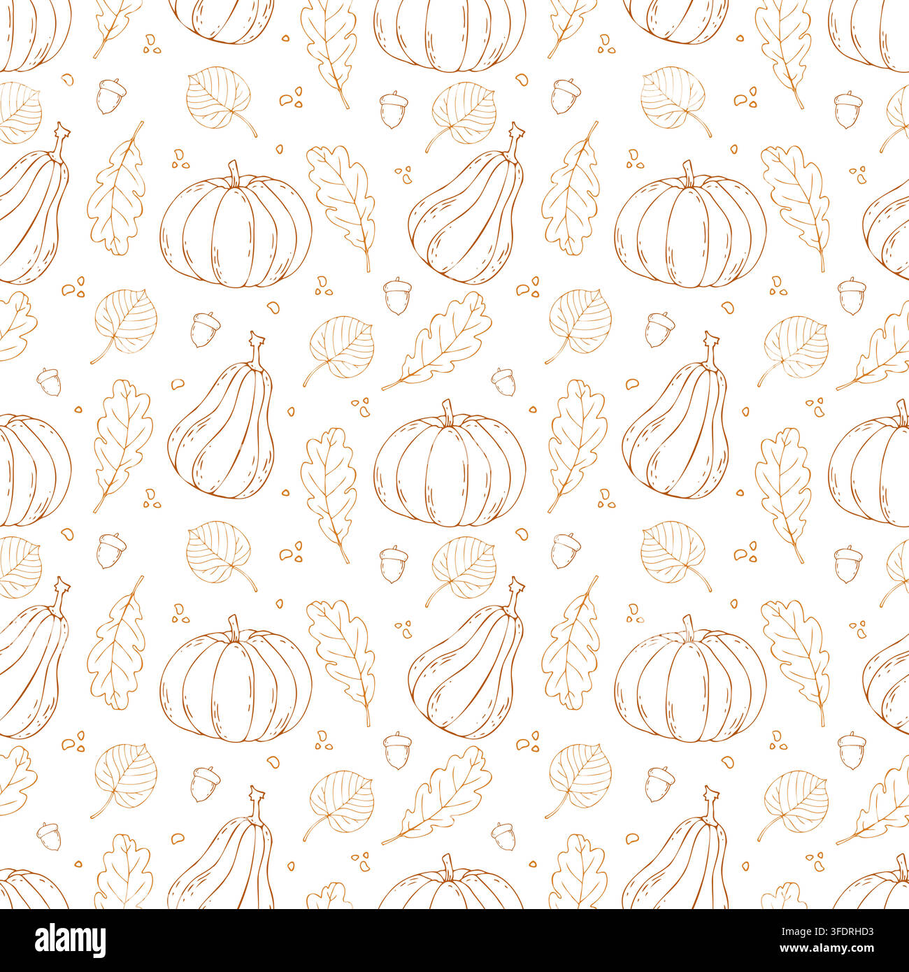 Seamless pattern with outline pumpkins, leaves. Great for textile print, wrapping paper, wallpaper. Stock Vector