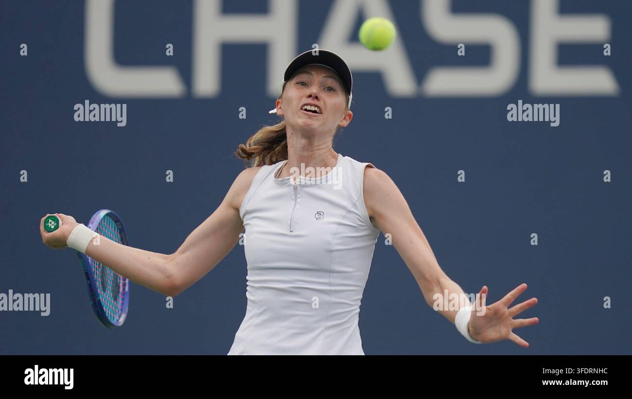 Cristina Bucsa, of Spain, receives the ball during the first round of ...