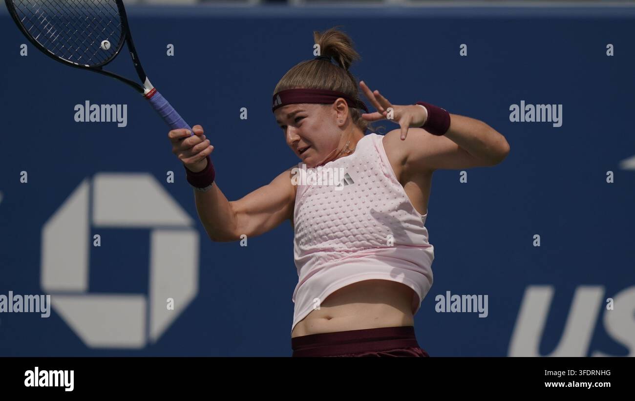 Karolina Muchova, of Czechia, hits the ball during the first round of ...