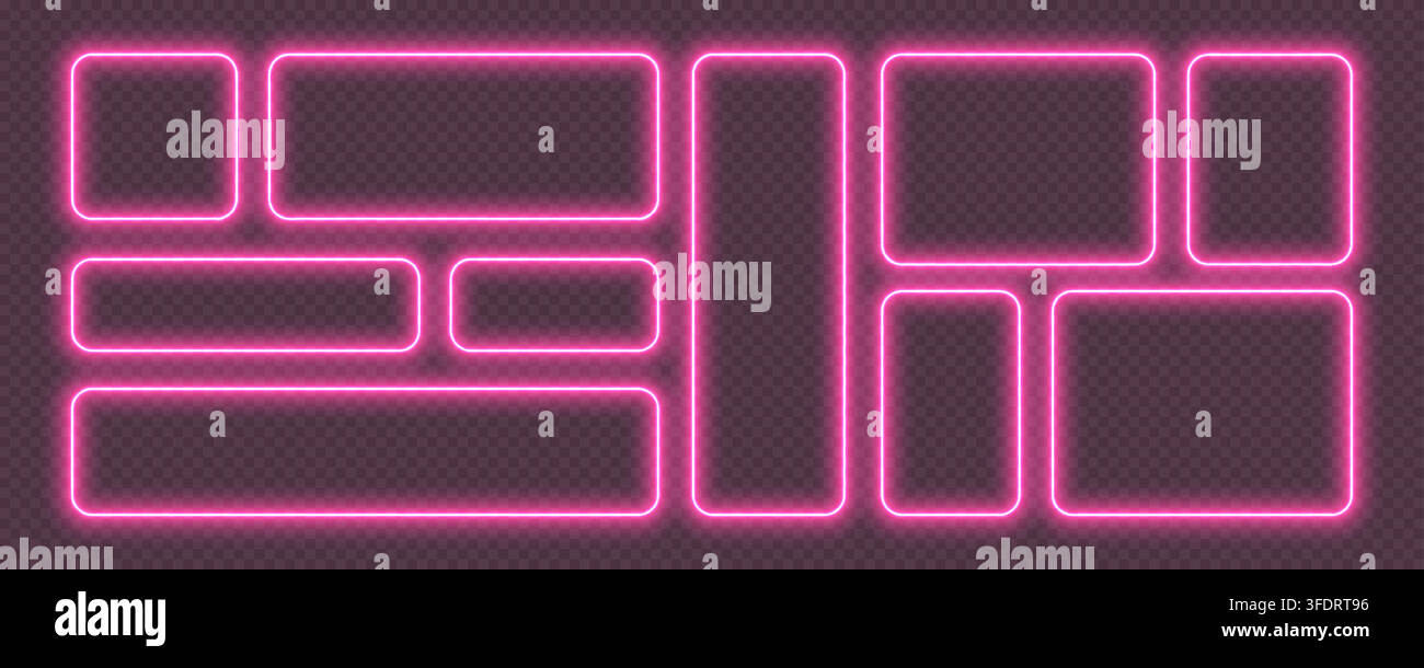 Neon glowing frames, pink night banners, bright illuminated borders. Rectangular design elements. Stock Vector