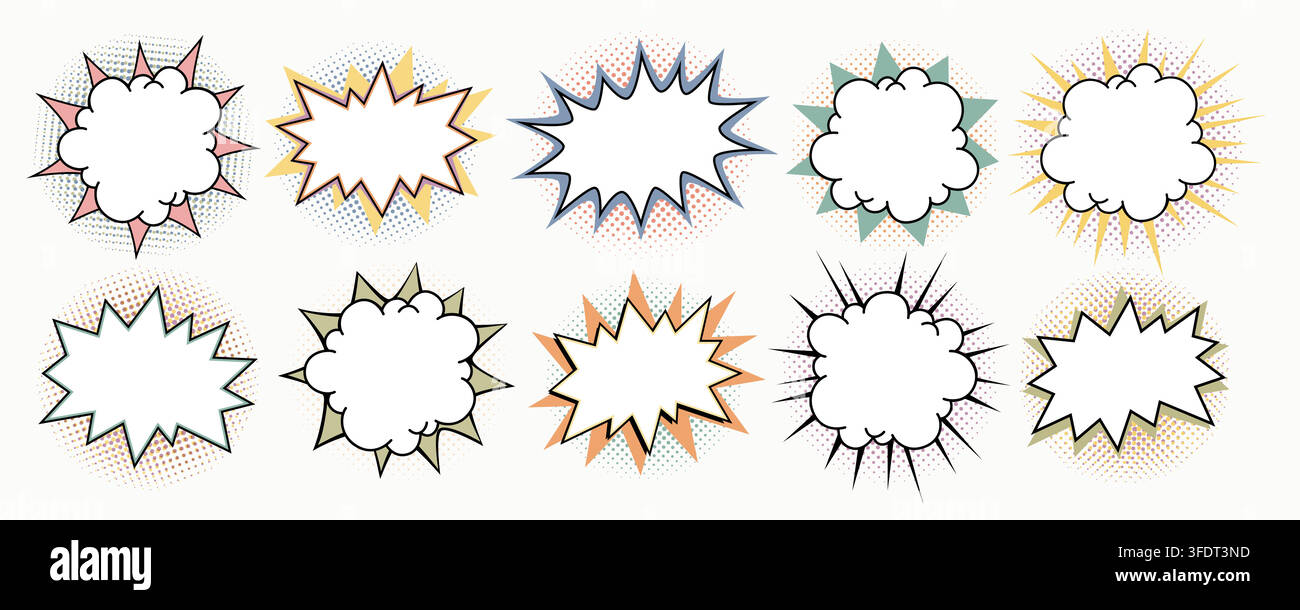 Comic starburst frames, speech bubbles stickers with cloud shape. Outline speech bubble suitable for stickers, posters or comic layouts Stock Vector