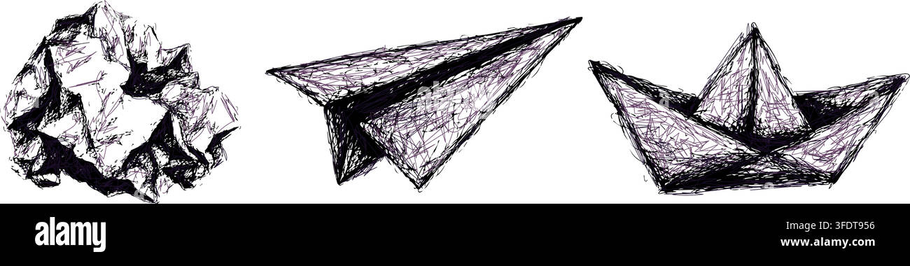 A crumpled sheet of paper, a paper airplane, a paper boat. Back to school. Vector illustration. Stock Vector