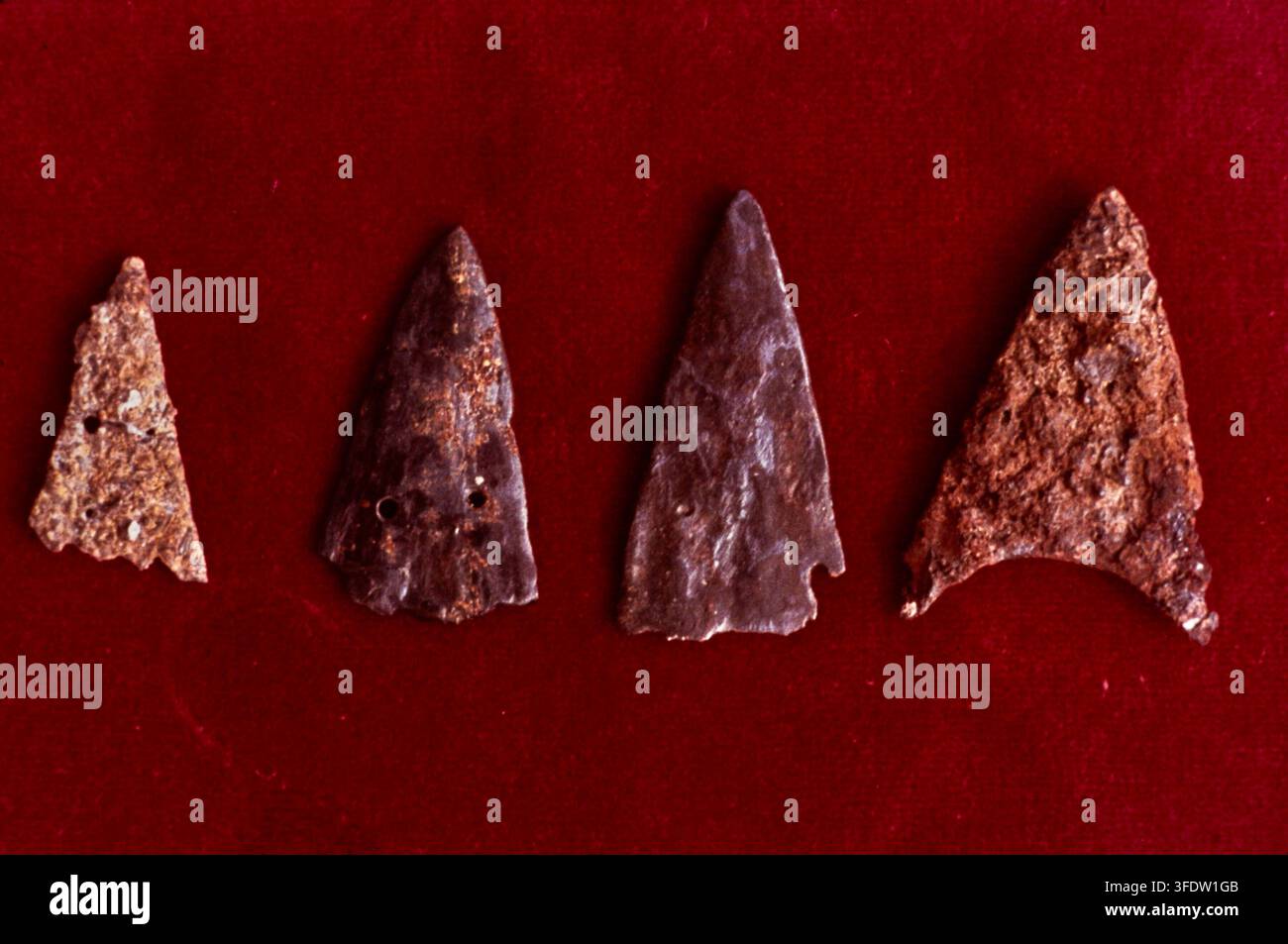 A 1983 photograph of four triangular stone fragments, varying in size ...