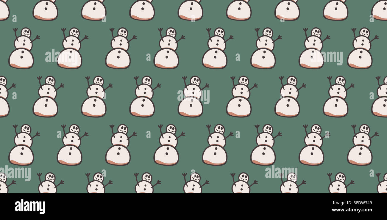 Cute snowman seamless pattern vector illustration. Winter holiday wallpaper on green background Stock Vector