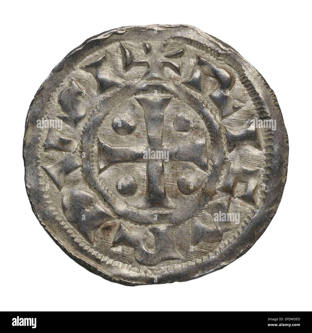A medieval coin with a central cross design, four circular pellets, and ...