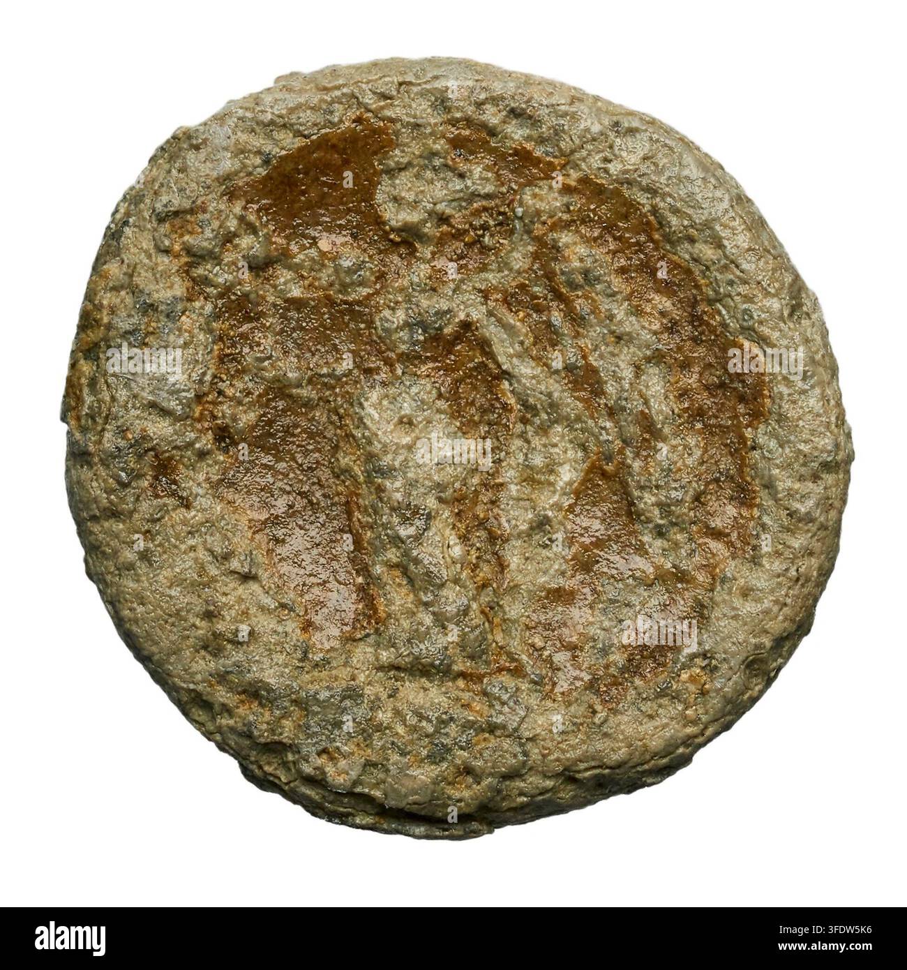 A circular, rough-textured stone or metal disc with irregular surface ...