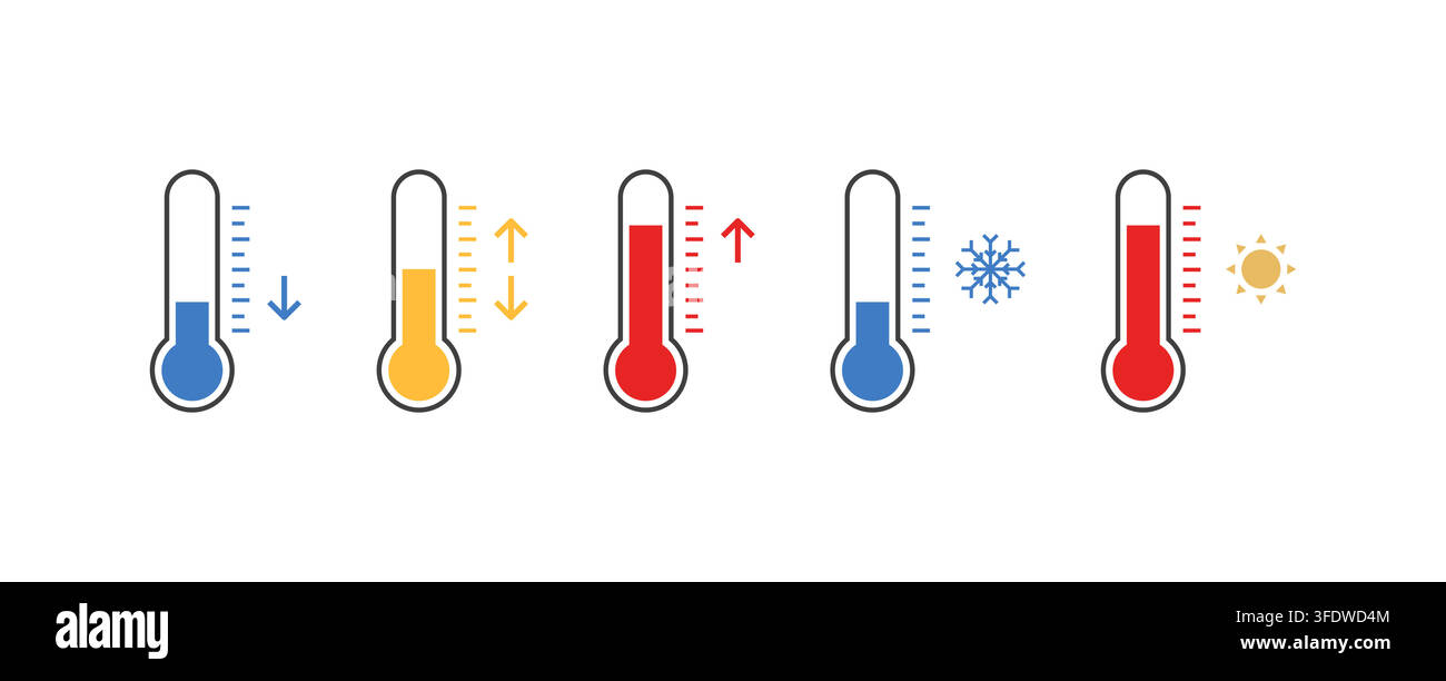 Set of thermometers showing different temperatures from cold to hot Stock Vector