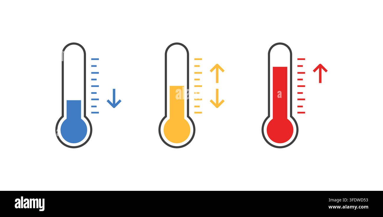 Three thermometer icons indicating low medium and high temperatures Stock Vector