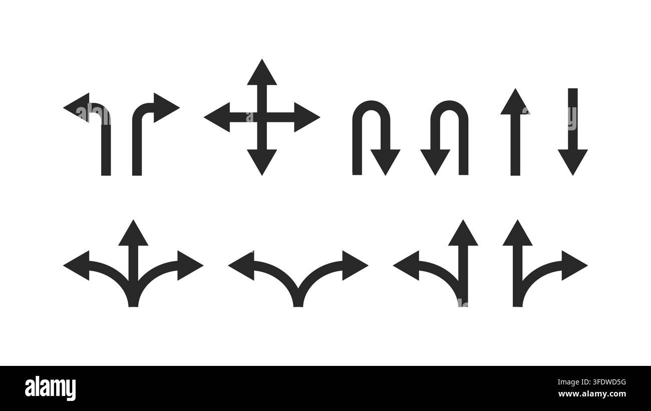 Set of black arrow icons showing different directions and turns Stock ...