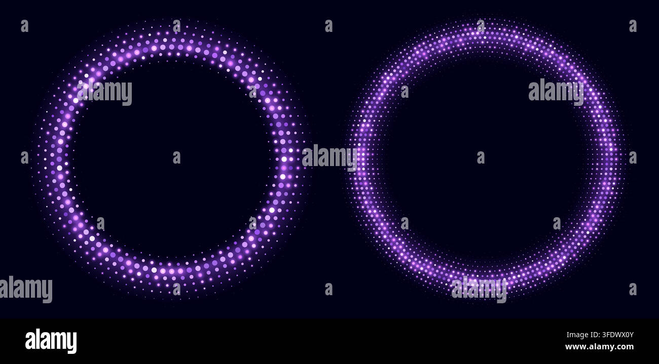 Purple halftone frames, glowing circle borders, round pattern with dots, radial disco luxury design element. Stock Vector
