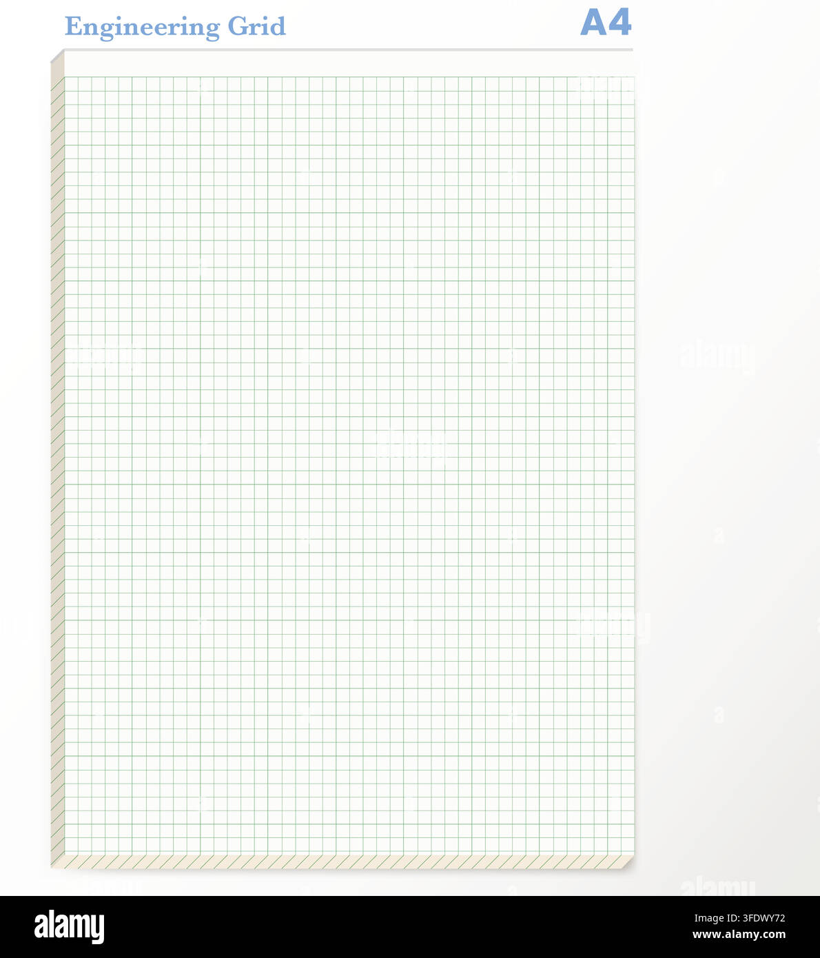 A4 white engineering grid glue pad sheet featuring fine green square ruling, narrow bound edge, subtle lower shadow below. Suitable for drafting pages Stock Vector