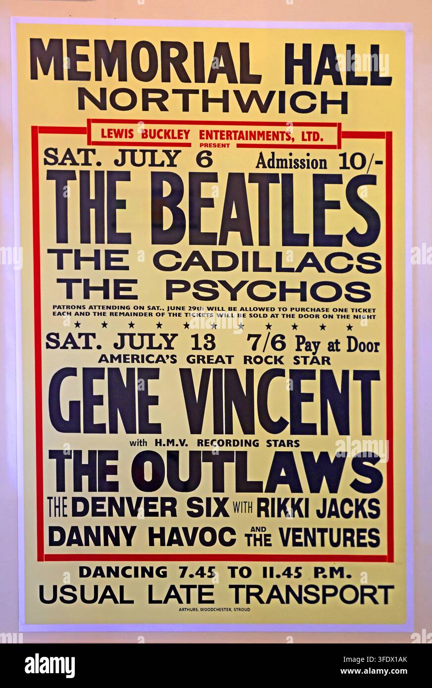 1963 Northwich Memorial Hall Lewis Buckley Ents Ltd poster 6th July listing The Beatles and later Gene Vincent, The Outlaws and The Cadillacs. Stock Photo