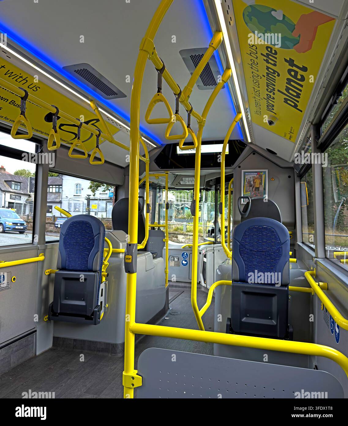 Interior of a Volvo BZL electric bus operated by Warrington's Own Buses as part of the town's zero-emission fleet Stock Photo